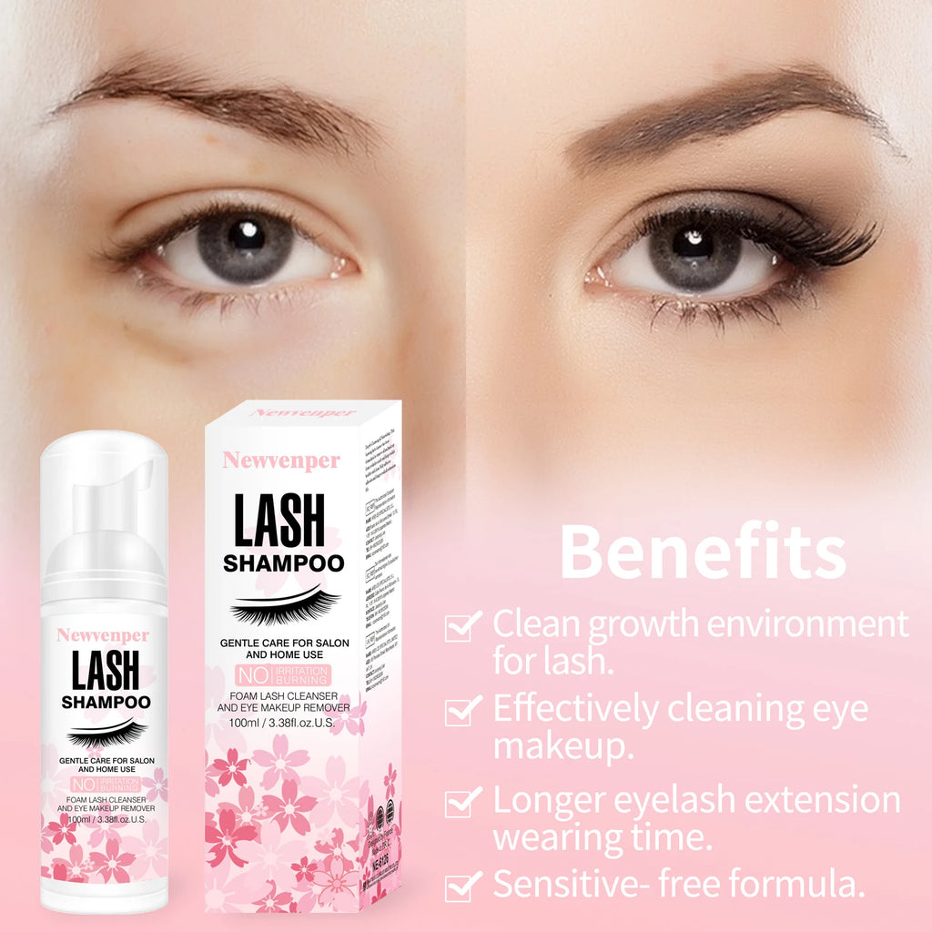 Lash Shampoo for Eyelashes 100ML + Brush & Mascara Wand, Eyelid Foaming Cleanser, Extension Cleanser Remover, Makeup Remover