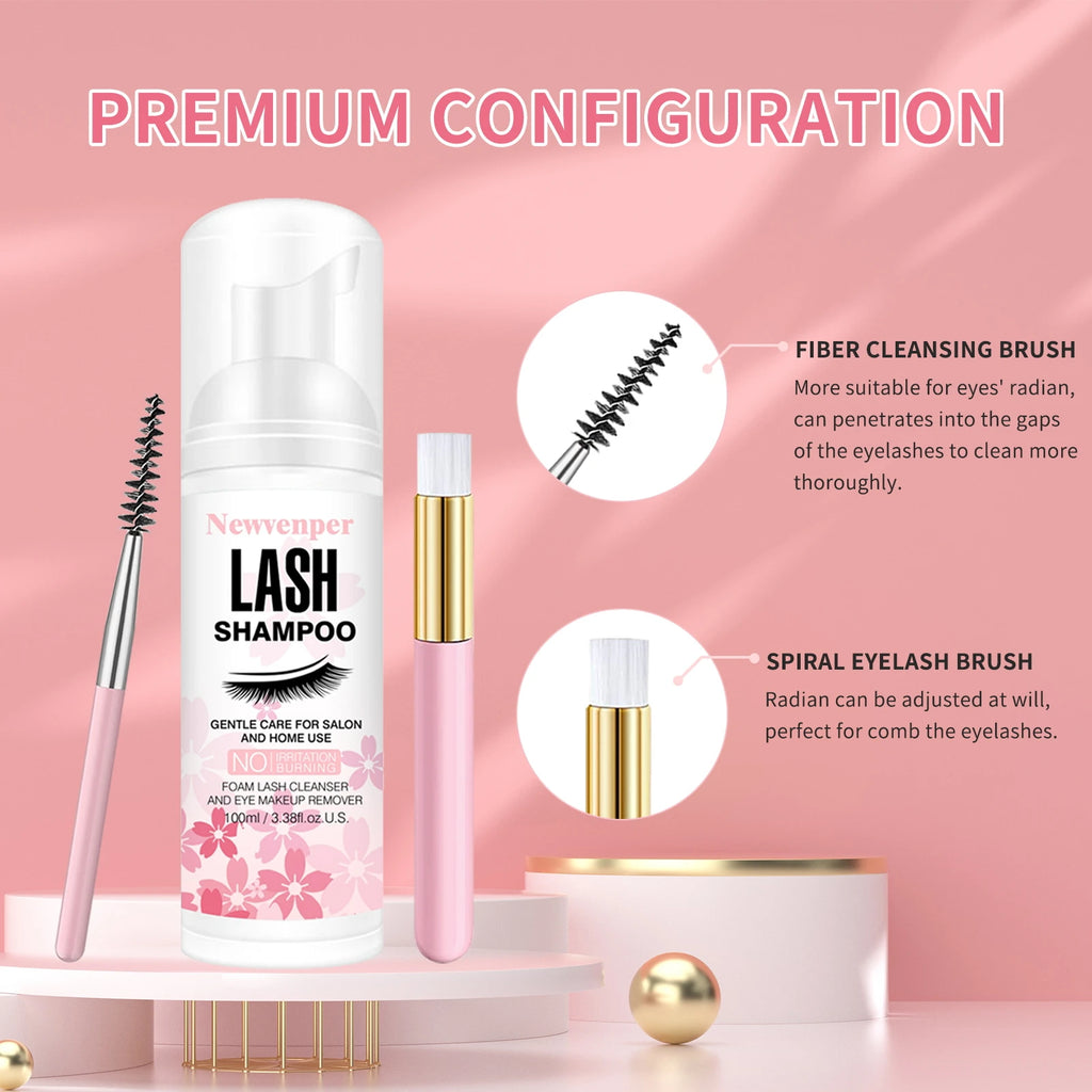Lash Shampoo for Eyelashes 100ML + Brush & Mascara Wand, Eyelid Foaming Cleanser, Extension Cleanser Remover, Makeup Remover