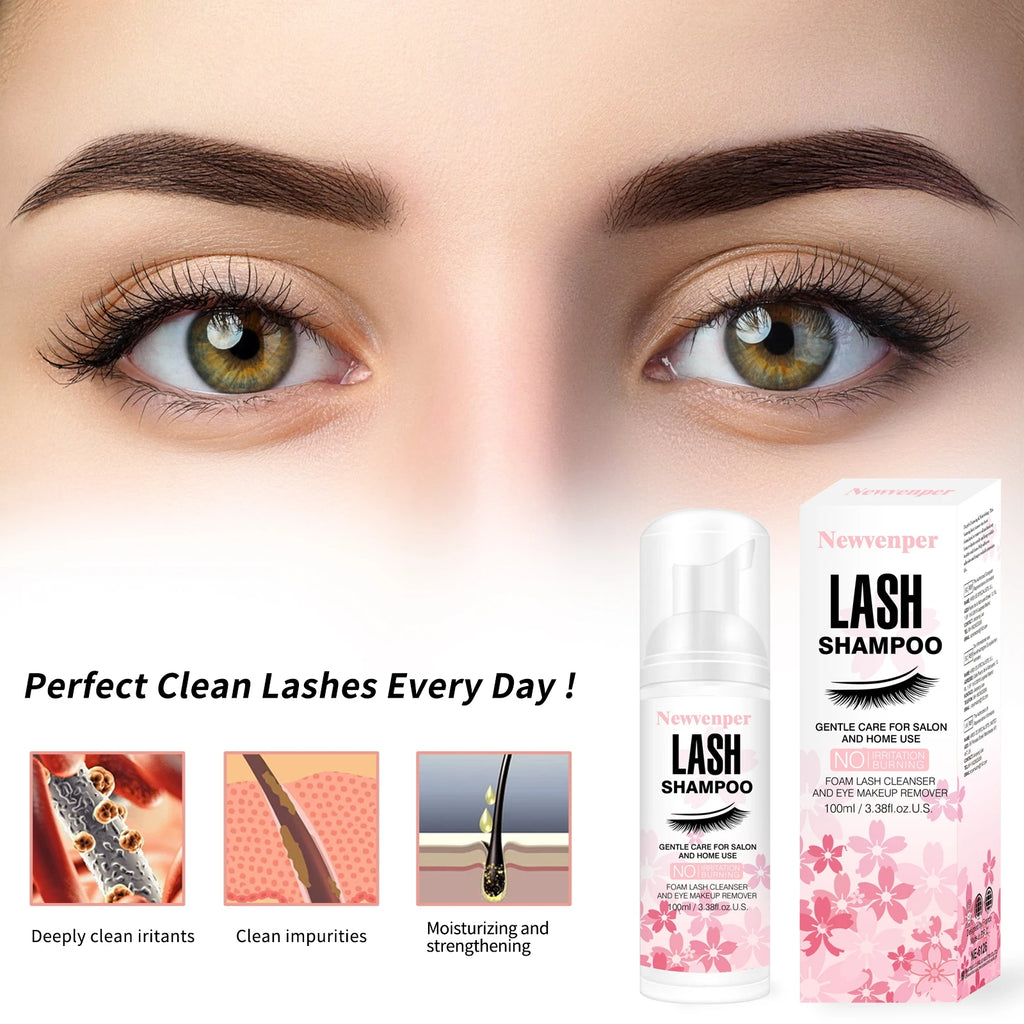 Lash Shampoo for Eyelashes 100ML + Brush & Mascara Wand, Eyelid Foaming Cleanser, Extension Cleanser Remover, Makeup Remover